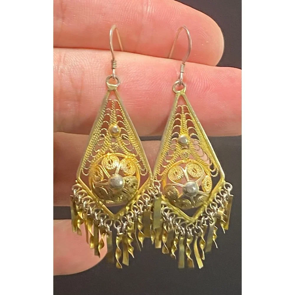 Vintage Victorian Filigree Dangle Earrings Vermeil Tone 925 Hooks - Picture 4 of 7